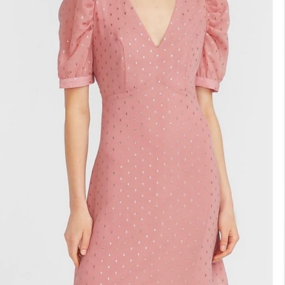Express | Dresses | Express Metallic Clip Dot Puff Sleeve Fit and Flare Dress |